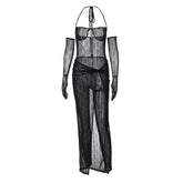 Sheer Mesh Solid Halter Self Tie Gloves Backless Jumpsuit Skirt Set